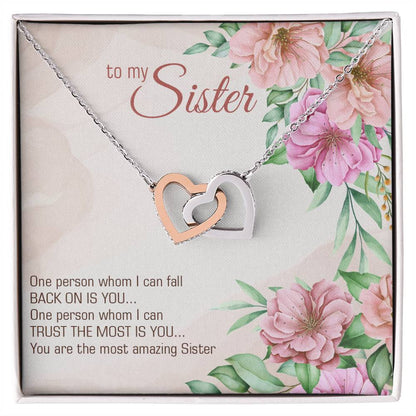 To My Sister For Always Having My Back interlocking heart necklace